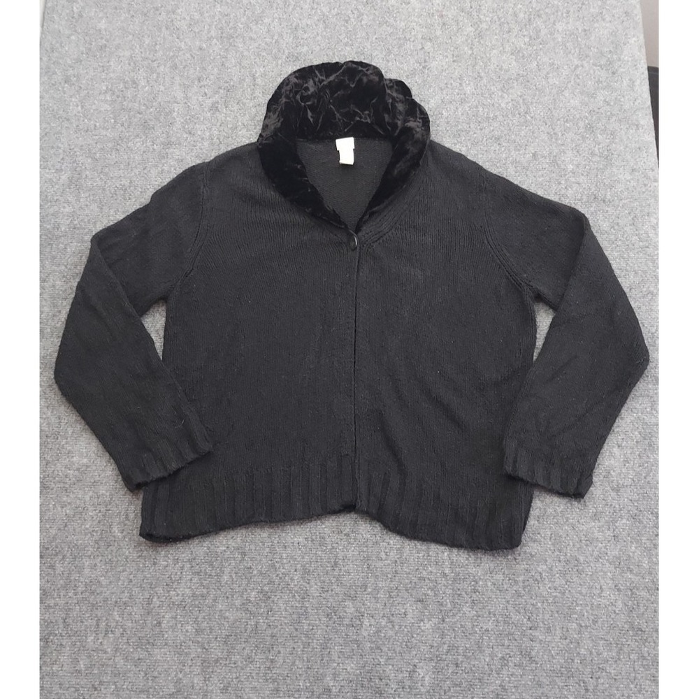 J Jill Sweater Cardigan Women Large Black Velvet Collar Single Button Silk Blend